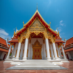 Fototapeta premium The temple, a grand Buddhist institution, boasts a traditional architecture with intricate golden details, a steep roof, and a richly decorated entrance.