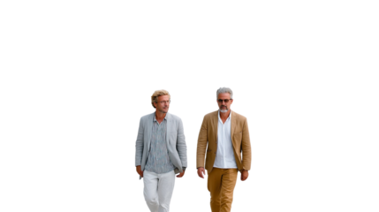 Gentlemen's Stroll: Two elegantly dressed gentlemen share an amiable walk, bathed in natural light. This image captures a moment of calm camaraderie, perfect for depicting lifestyle, friendship.