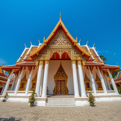 Naklejka premium The temple, a grand Buddhist institution, boasts a traditional architecture with intricate golden details, a steep roof, and a richly decorated entrance.