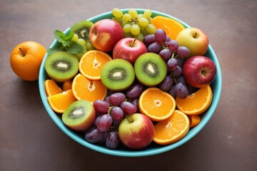Frischer bunter Obstsalat in einer weißen Schüssel mit Kiwi, Trauben, Orangen und Aprikosen, gesunde Vitamine, sommerliches Frühstück oder Snack, frisches und leckeres Obst