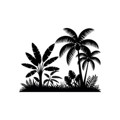 Fototapeta premium Black silhouette of tropical plants and palm trees on white background foliage