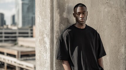 Confident male model posing against concrete wall, urban rooftop backdrop highlighting streetwear aesthetic and modern city environment