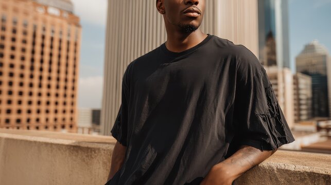 Stylish young man wearing distressed black t shirt, leaning against rooftop railing with urban cityscape stretching behind blurred metropolitan landscape - Powered by Adobe