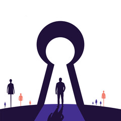 Obraz premium Silhouette man enters mysterious keyhole opening towards bright light surrounded by small figures