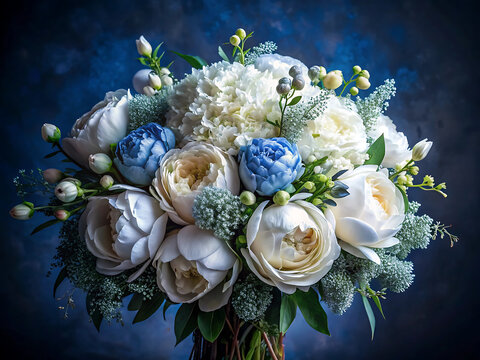 Elegant floral bouquet with white and blue roses, peonies, and hydrangea against a dark, moody background