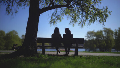 Two friends sitting together on a bench under a tree.