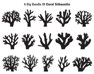 Collection of Fifteen Coral Silhouettes Displaying Various Shapes and Sizes Isolated on White Background Silhouette collection fifteen