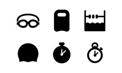 Minimalist swimming icons set: goggles, kickboard, pool, swim cap, stopwatch