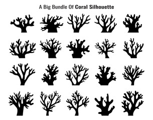 Collection of Varied Coral Shapes and Sizes Presented as a Striking Black Silhouette Against White Backdrop silhouette