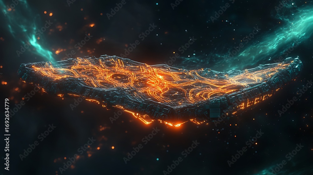 Wall mural futuristic spaceship with glowing orange lines in outer space view