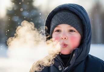 Young boy with rosy cheeks breathing out steam on a cold, sunny winter day