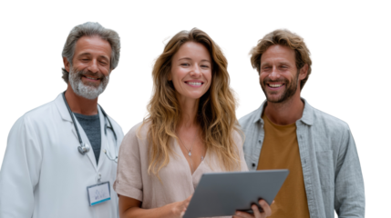Healthy Smiles and Trusted Care: A doctor with a kind smile and a couple embrace health, optimism, and strong patient-doctor bonds