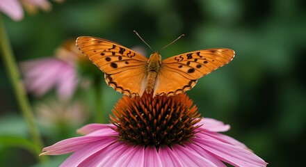 Obraz premium Orange butterfly on pink coneflower
