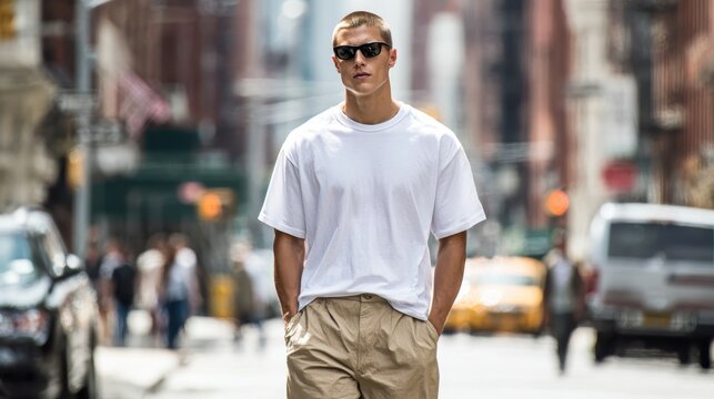 Stylish male modeling designer sunglasses, white tee, and neutral chinos strolling through bustling manhattan street during daylight hours