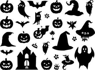 Assorted Halloween Icons Featuring Pumpkins Ghosts Bats Witch Hats and a Haunted House silhouette Collection themed icons