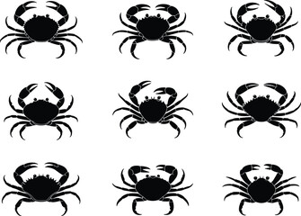 Crab silhouettes, marine animals, black vector crabs, sea creature icons, editable crustacean graphics, symmetrical crab designs, ocean wildlife, isolated illustration