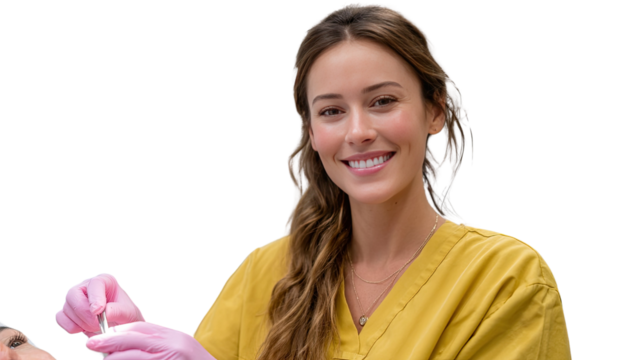 Smiling Professional in Healthcare: A cheerful healthcare professional, radiating warmth and confidence, ready to administer care in a state-of-the-art medical facility