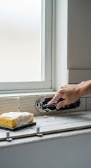 Hand applying caulk to window frame while cleaning up in modern kitchen