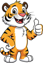 Cartoon tiger thumbs up, cheerful animal mascot, positive gesture, flat vector illustration, cad drawing, silhouette art, friendly character