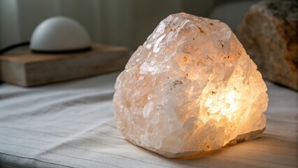 Fototapeta premium Aesthetic pink himalayan salt lamp illuminating a cozy room setting