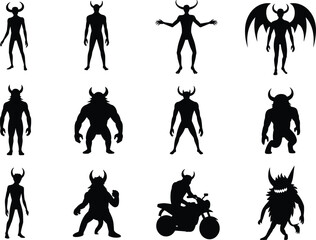 Demonic silhouette character set, horned monster icons, fantasy creature vector, horror design clipart, black humanoid figure illustration pack