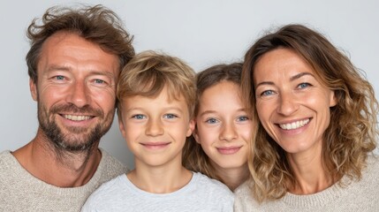 Obraz premium A cheerful family portrait showcases a happy father, mother, son, and daughter, positioned closely together, beaming with joy against a simple neutral background.