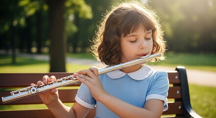 Girl Playing Flute in Park.