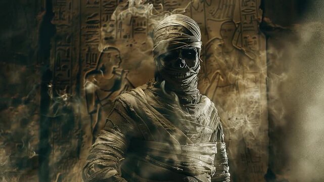 A person dressed as a mummy stands against a backdrop, ideal for Halloween or horror-themed projects