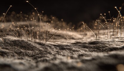 Abstract landscape of illuminated, fine tendrils on a textured surface