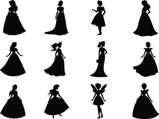 Fairy tale princess silhouette collection, black female character icons, fantasy dress design, magical royalty clipart, vector illustration set