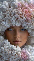 lose-up portrait of young woman with flower-inspired headpiece and makeup against soft background
