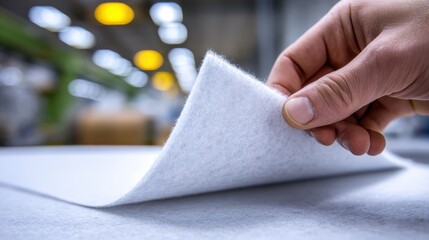 Medium shot of adhesivebacked felt fabric being peeled showcasing its soft texture and sticky backing with a blurred workshop background.