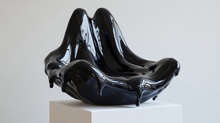 Glossy Black Abstract Sculpture Dripping on White Pedestal in Gallery Setting Minimalism