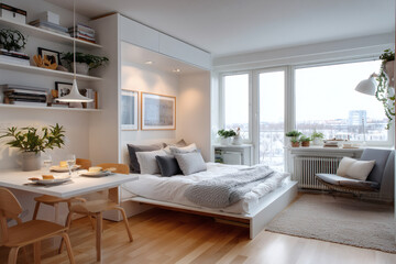 Minimalist Micro Apartment with Scandinavian Design and Multifunctional Furniture in Bright Natural Light