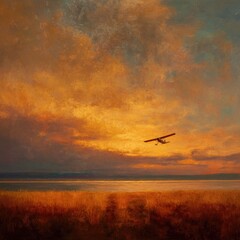 Stillness of evening broken by lone aircraft in warm light