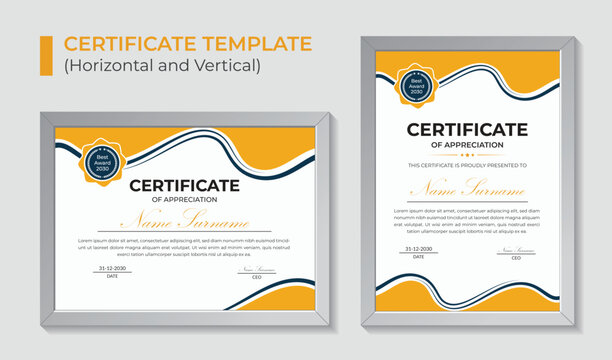 Modern certificate template with yellow and blue design elements for achievements and recognition