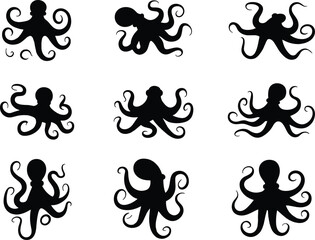 illustration, underwater wildlife, graphic design, editable shapes, isolated elements, aquatic species, ink style, cephalopod, sea monster, abstract octopus, flat design, artistic marine, ocean icons