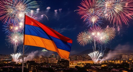 armenian flag waves against night sky filled with vibrant fireworks over yerevan cityscape. national celebration and festivity. patriotic event, armenia independence day, greeting card
