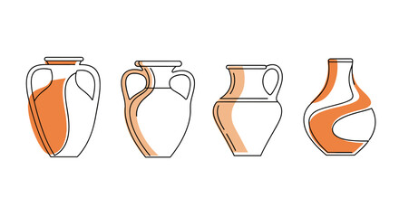 Collection of four ancient greek amphorae vases with orange accents line art