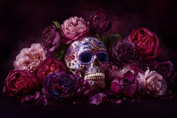Elegant Sugar Skull with Ornate Floral Patterns and Dark Pink Flowers