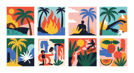 Fototapeta premium Vibrant tropical island scenes featuring palm trees surfing and exotic fruits for summer vacation designs
