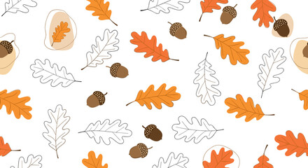 Autumn acorns and oak leaves falling in a whimsical seasonal pattern
