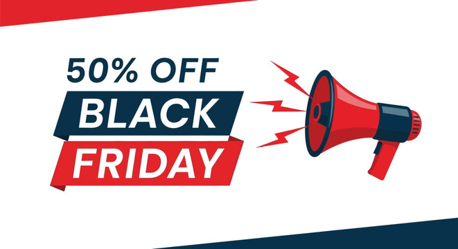 Announcing fifty percent off black friday sale with megaphone illustration