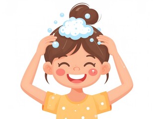 Cartoon illustration of a happy girl washing her hair with shampoo, creating bubbly foam.