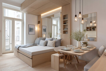 Minimalist Micro Apartment with Scandinavian Design and Multifunctional Furniture in Bright Natural Light
