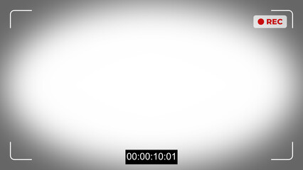 Camera viewfinder recording screen overlay with timecode and REC icon. Digital video interface with frame guides, focus point, and recording status on a black background. Modern camcorder view.