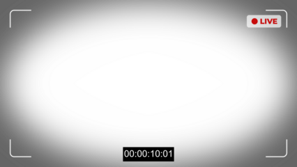 Modern camera viewfinder screen overlay with live recording indicator, timecode, and focus marks. Digital interface for video streaming, broadcast, or surveillance. Vector illustration.