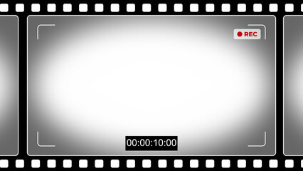 Camera recording screen with film strip border. Viewfinder interface with REC icon, timecode, and focus marks. Old retro movie concept for video production or surveillance footage overlay.