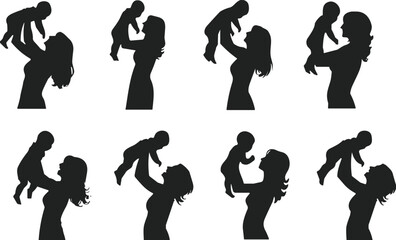 Mother and baby silhouette, black vector, maternal love, holding child, bonding moment, motherhood editable graphic
