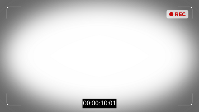 Camera viewfinder recording screen overlay with timecode and REC icon. Digital video interface with frame guides, focus point, and recording status on a black background. Modern camcorder view.